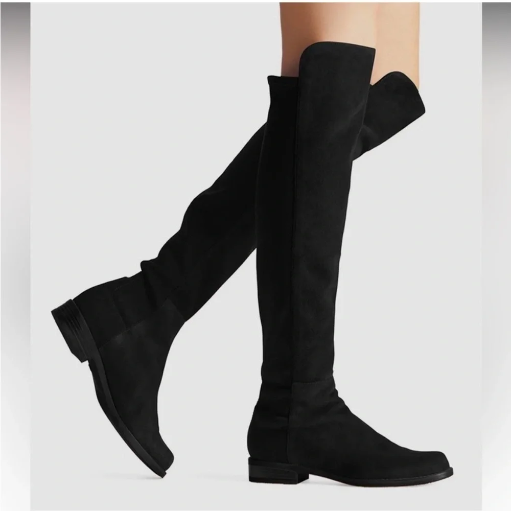 New Stuart Weitzman 5050 Suede Riding Boots Knee High Black Low Heel Sz 5.5
